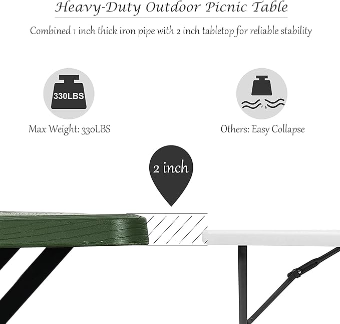 Hysache Picnic Table Bench Set, Patio All Weather Metal Base Camping Table Set w/Wood Texture Tabletop, Steel Frame, Large Camping Picnic Tables for Backyard Poolside Garden Patio Lawn (Green)