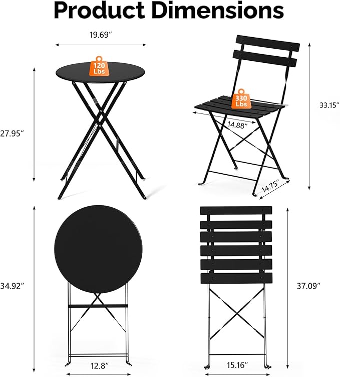 VINGLI Outdoor Folding Bistro Table and Chairs Set, 3-Piece Patio Bistro Set with 2 Chairs and Table, Metal Folding Bistro Set with Cushions for Patio, Balcony, Garden, Porch, Black