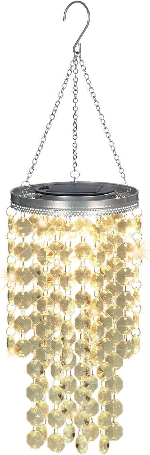 Hanging Solar Lantern Outdoor, 2 Tiers 21” Solar Transparent Acrylic Beaded Chandelier with Warm White LED S Hooks for Garden Yard Patio Gazebo Outside Decor