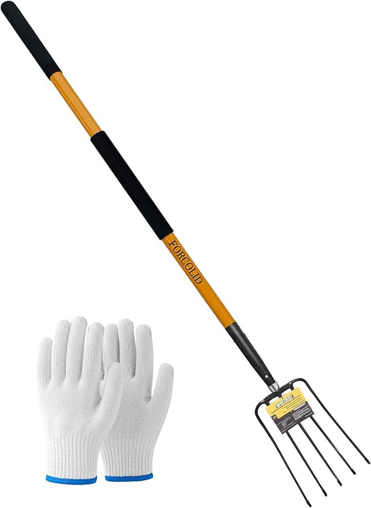 Pitch Fork-58 Inch，5-Tine Steel Garden Fork Heavy Duty, Mulch with Cushion Grip, Orange Fiberglass Handle