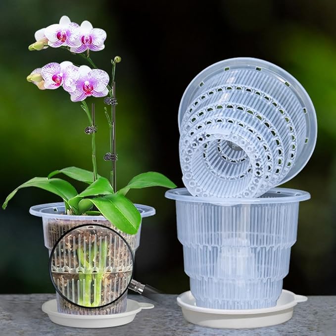5 inch Clear Orchid Pots with Holes and Saucers for Repotting,Pack of 4,Small Plastic Orchid Planters Provide Good Air Circulation,Nursery Pots for Succulents,Herbs,Aloes,Mint
