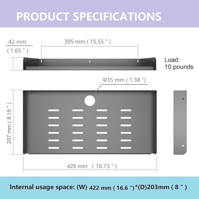 Metal Floating Wall Mounted Shelf Bracket 16.6" W for TV Box | AV, TV Accessories, WiFi Router, Cable Boxes, DVD Player, Games Consoles or Other Small Projectors (16.6 inches Width)