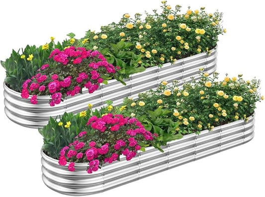 RAYKEEP 2pcs 8x2x1FT Raised Garden Beds Outdoor Kit, Galvanized Oval Planter Box, Metal Bottomless Elevated Garden Boxes Set for Planting Vegetables, Fruits, Flowers, Silver