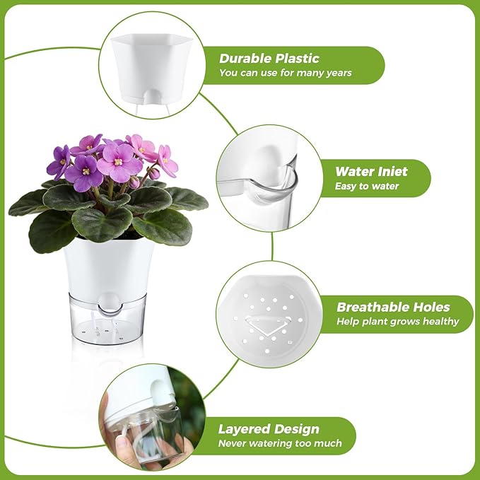 3-Pack 7.8" Clear Self Watering Pots for Indoor Plants Large Hexagon Self-Watering Planters Orchid Pots Plastic Wick Flower Plant Pots for African Violet, Spider, Herbs, Home Decor, White and Clear