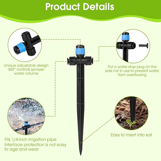 25 Pcs Drip Irrigation Emitters with Stake - Adjustable Vortex Dripper for 1/4" Drip Line Tubing - Garden Watering System Sprinkler Heads - Blue