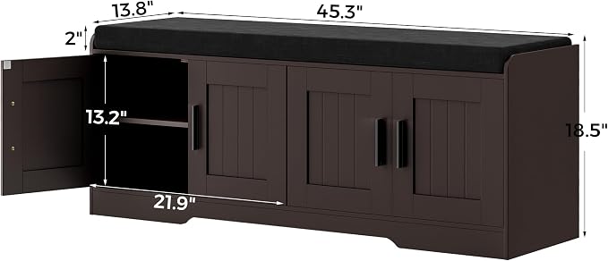 Homleke Shoe Storage Bench, 4 Doors & Thickened Padded Seat Cushion