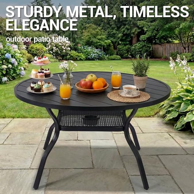 41" Outdoor Dining Table for 4 Person, Metal Round Patio Dining Table with Adjustable Umbrella Hole for Garden, Partitioned Storage Shelf, Backyard and Porch, Black