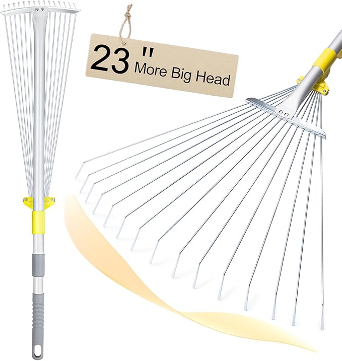 JARDINEER Adjustable Rakes for Leaves, Large Garden Leaf Rake for Lawns Grass with 7-23" Expandable Head, Yard Collapsible Rake for Camping (64 inches)