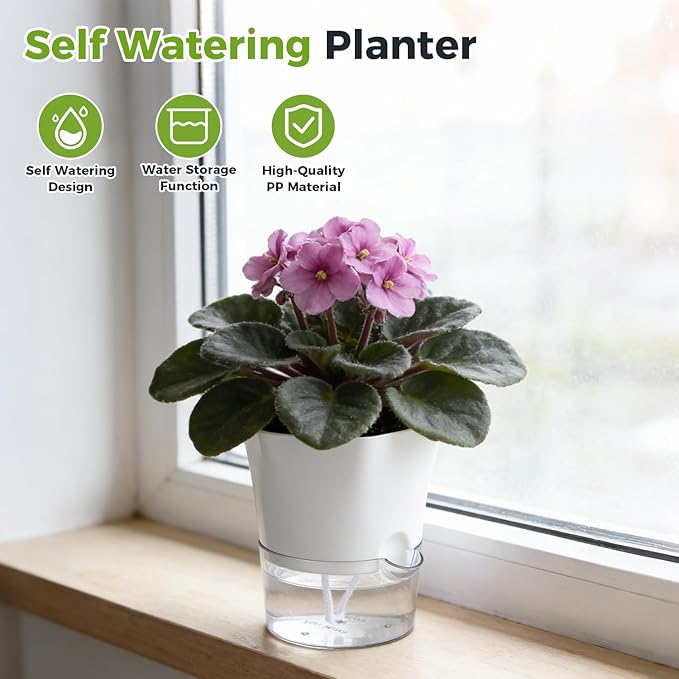 3-Pack 7.8" Clear Self Watering Pots for Indoor Plants Large Hexagon Self-Watering Planters Orchid Pots Plastic Wick Flower Plant Pots for African Violet, Spider, Herbs, Home Decor, White and Clear