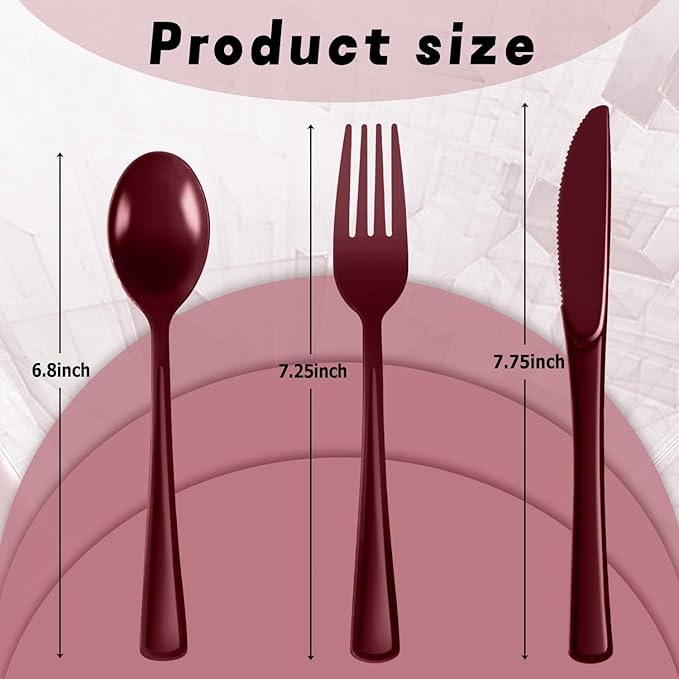 Plastic Silverware 300 PCS Disposable Silverware Heavy Duty Utensil Sets 100 Of Each Forks Knives & Spoons Disposable Cutlery Set For Easter,Birthday,Baby Shower,Garden Party,Wedding(300,Burgundy)