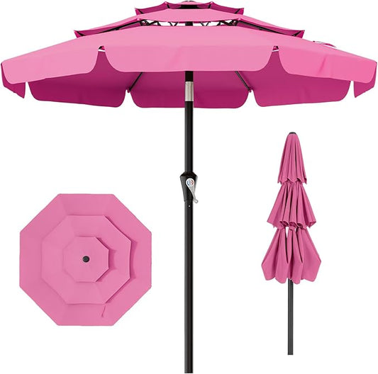 AreShark 9FT 3-Tiers Patio Umbrella with Valance, Outdoor Umbrellas with Crank/Tilt, Table Market Umbrella Vented w/ 8 Sturdy Ribs for Garden, Deck, Backyard, and Pool, Rose Pink