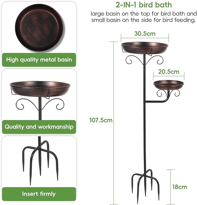42" Large Freestanding Metal Bird baths for Outdoors Bird Feeder for Garden Decor, Removable Bowl with Strong 5 Stakes, Bird Bath for Outside, Ground Mounted Birdbaths for Pation Backyard Lawn