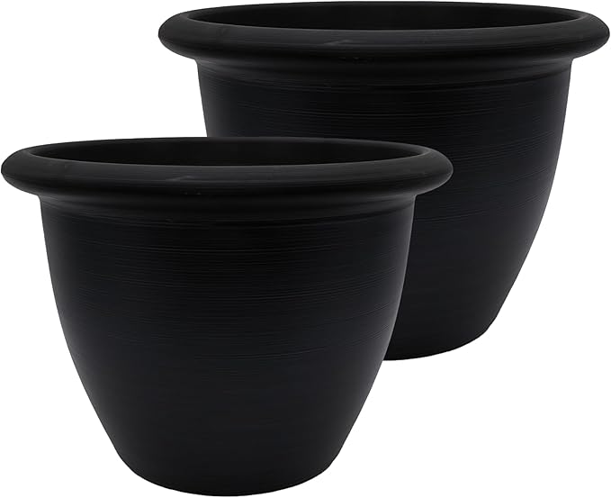 The HC Companies Sevilla Flower Planters - Durable Outdoor & Indoor Planter - Round Lightweight Self Watering Plant Pots for Herbs & More (12" Black, Pack of 2)
