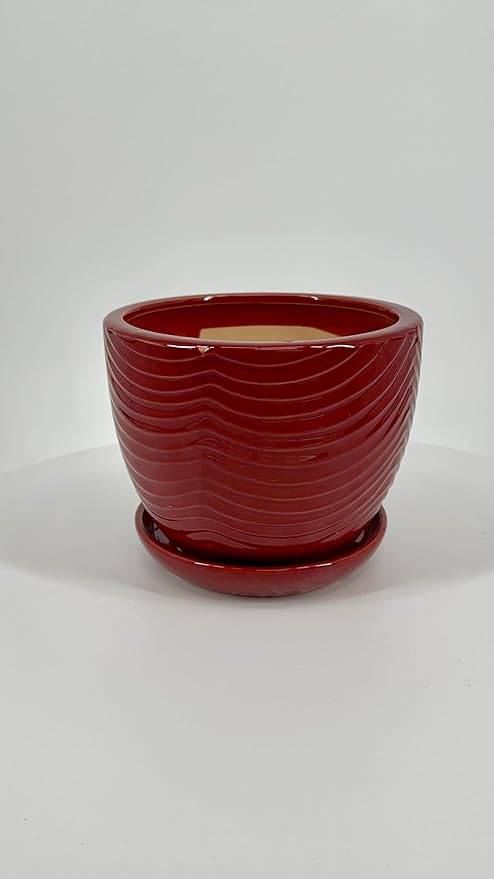 Garden & Home Red 8 Inch Indoor Ceramic Plant Pot with Attached Saucer and Drainage Hole for House Plants, Herbs, Flowers, Succulents, Snake Plants, Mom's Gift, Standard Pot