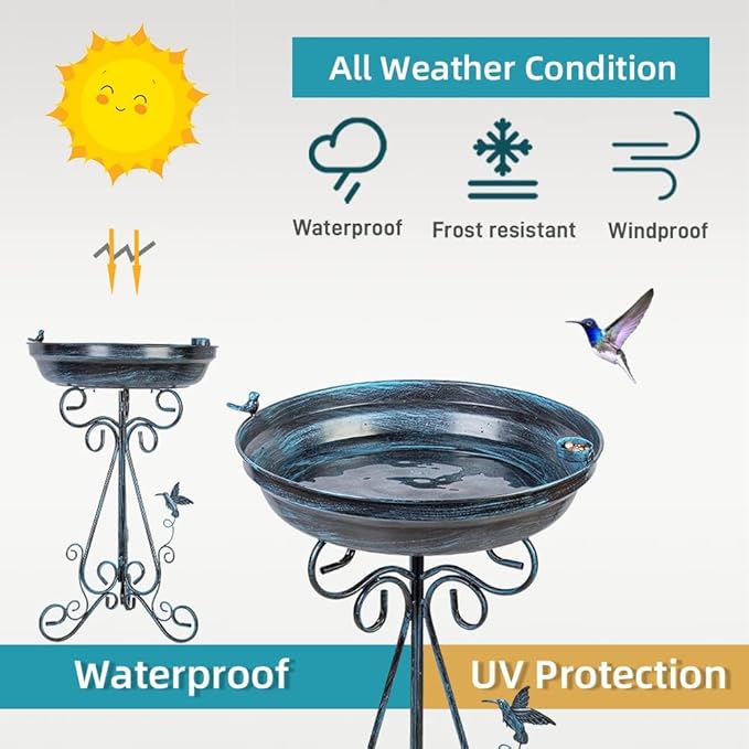 VEWOGARDEN Large Metal Bird Bath for Outside Garden Standing Birdbath with Folding Bracket for Outdoors Yard Patio Decoration, Blue