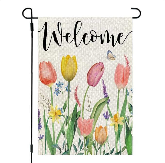 CROWNED BEAUTY Spring Garden Flag Floral 12x18 Inch Double Sided for Outside Tulips Welcome Burlap Small Yard Holiday Decoration