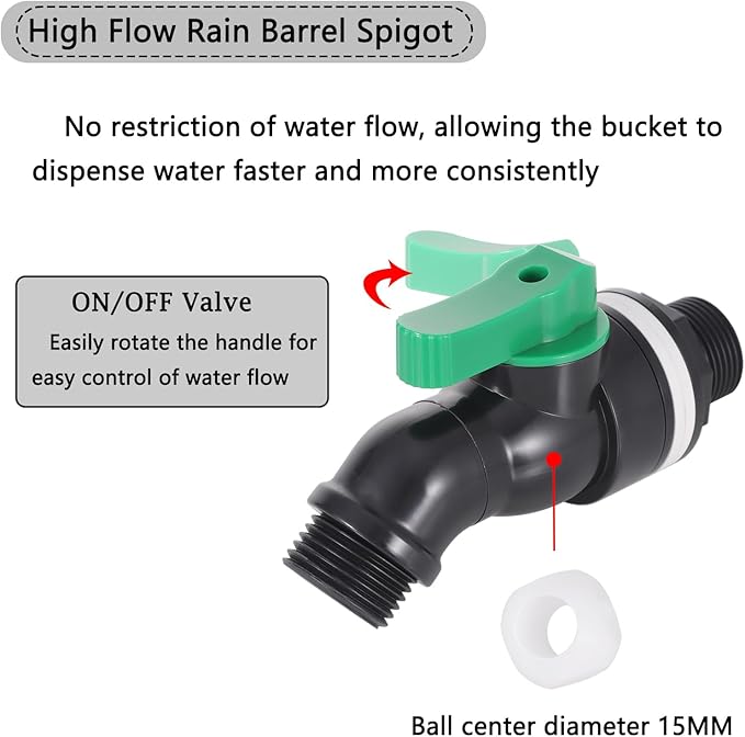 3/4" Rain Barrel Spigot Kit, Water Barrel Valve for Outdoor Water Tanks, Plastic Barrels, Aquariums