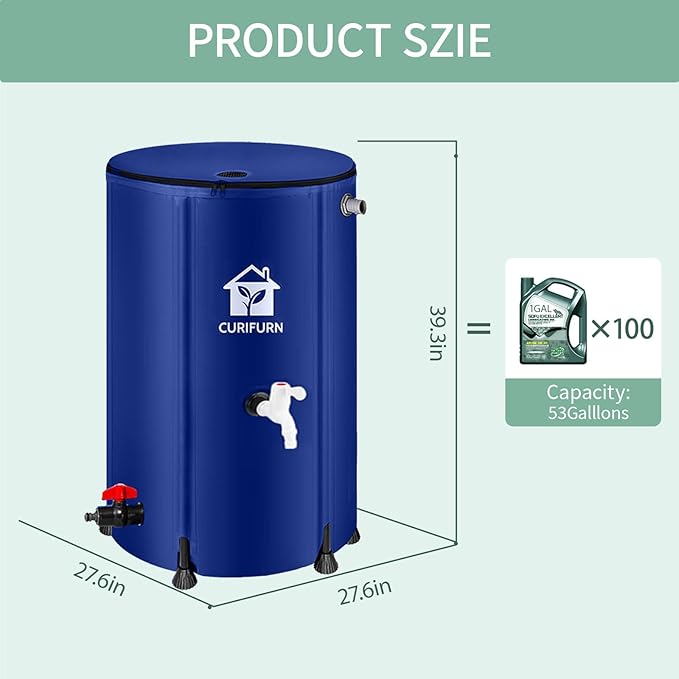 100 Gallon Rain Water Barrel, Portable Rainwater Collect System Water Storage Tank Collapsible Rain Barrel with Filter, Spigot & Overflow Kit (Reinforced Liner+Thickened Legs) - Blue