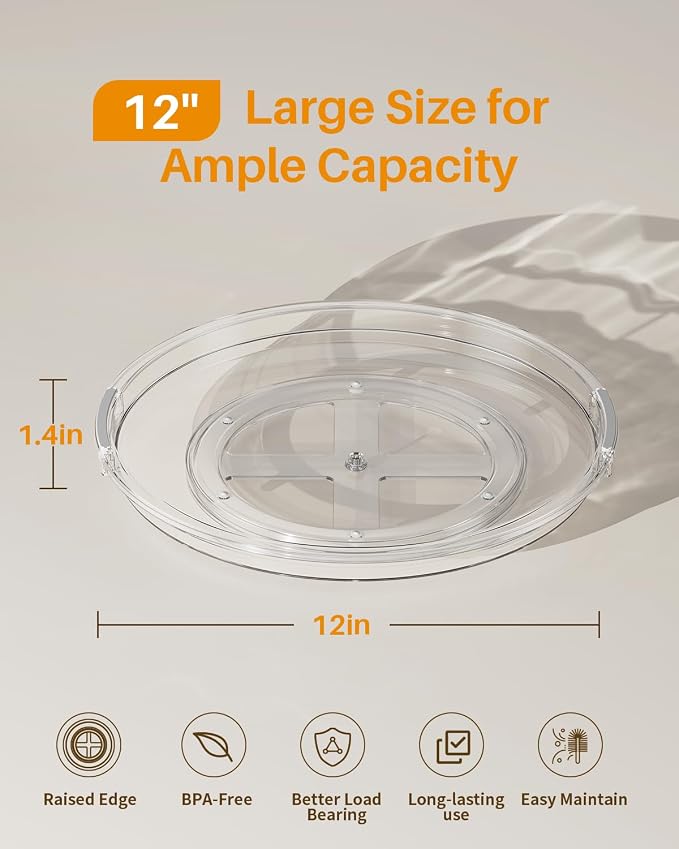LAMU 2 Pack 12 Inch Lazy Susan Organizer Turntable for Cabinet, Large Clear Spice Rack for Kitchen, Pantry, Refrigerator, Countertop, Table, Bathroom