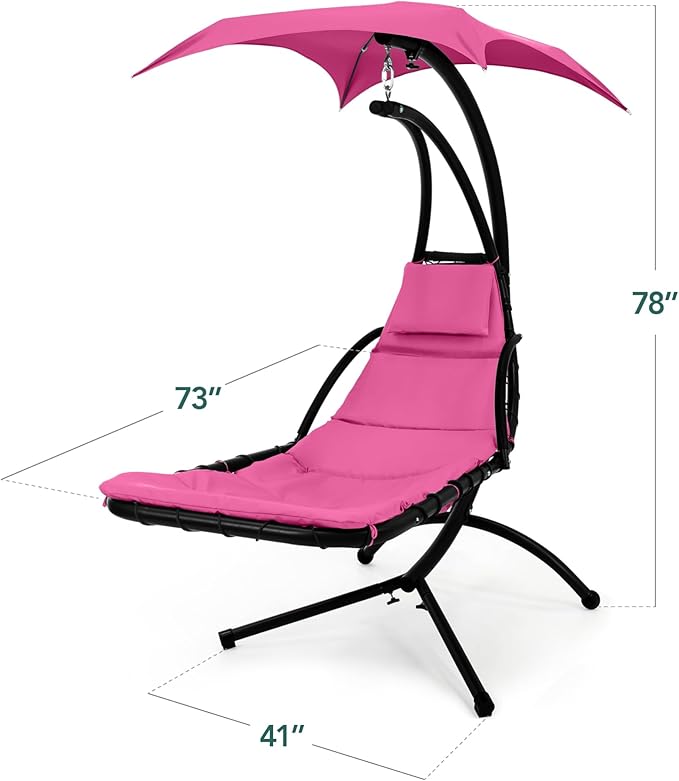 Best Choice Products Hanging LED-Lit Curved Chaise Lounge Chair Swing for Backyard, Patio, Lawn w/ 3 Light Settings, Weather-Resistant Pillow, Removable Canopy Shade, Steel Stand - Pink
