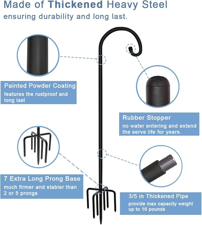 Artigarden 60 inch Outdoor Shepherd Hook with Upgraded 7 Prong Base (1 Pack), Adjustable Heavy Duty Garden Hanging Stake for Bird Feeder Solar Light Plant Hanger Wedding Decor, Matte Black