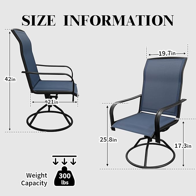 SHGJ&SOFT Patio Swivel Chairs, Waterproof Outdoor Dining Chairs with All-Weather Textilene Mesh for Deck, Garden, and Backyard (Plain Backrest-Blue, Set of 2)