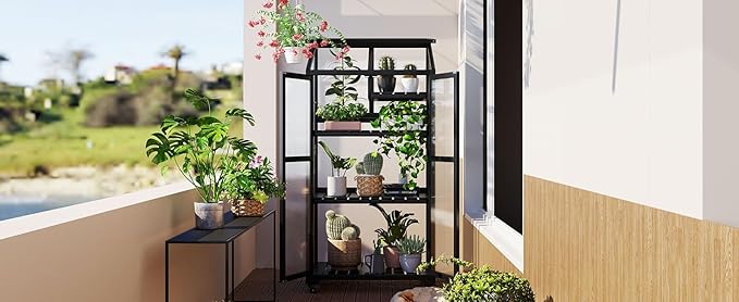 Mini 4-Tier Greenhouse with Locking Wheels, 62 Inch Height Portable Wooden Green House Cold Frame with Adjustable Shelves and Vent, Small Garden House for Outdoor Indoor, Black