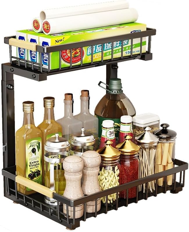 GarveeLife Under Sink Organizer, L-Shape Pull-Out 2-Tier Carbon Steel Storage Organizer with Suction Cups - Space-Saving Cabinet Rack for Kitchen & Bathroom - Easy Access Sliding Design -Black