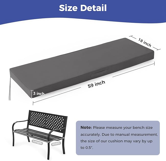 IPYNBAP Outdoor Bench Cushions for Outdoor Furniture, 59x18x3 Inch, Waterproof Bench Pillow, Fade Resistant Long Bench Seat Pads for Garden, Indoor, Porch Swing, Dark Grey