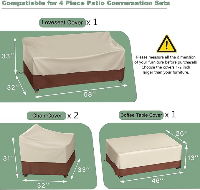Gasadar Patio Furniture Cover Set, 4 Piece Outdoor Furniture Cover Waterproof, 600D Heavy Duty Lawn Patio Set Covers