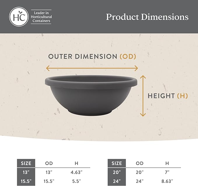 The HC Companies Shallow Planter with Drainage - Contemporary Garden Bowl Planter for Flowers, Herbs & More - Round Succulent Planter Pot for Indoors and Outdoors (15.5" Black, Pack of 1)