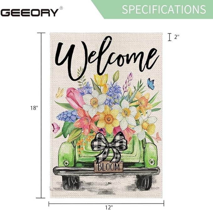 GEEORY Butterfly & Daffodil Hyacinths Floral Truck Welcome Garden Flag 12x18 Inch, Double Sided Spring Summer Decor, Farmhouse Rustic Outdoor Flag Outside Yard Lawn Decoration