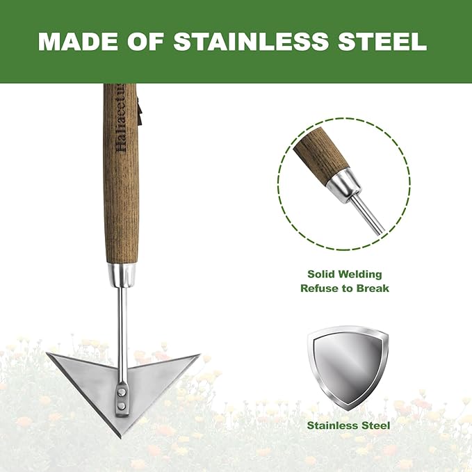 Haliaeetus Triangle Head Hoe, 15'' Scuffle Hoe for Weeding Precisely in Raised Bed, Stainless Steel Rogue Hoe for Weeding in Push-Pull Motion, Push Pull Hoe with Compact Size for Weeding Between Plant
