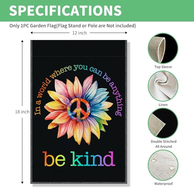 Perfectinsoy In A World Where You Can Be Anything Be Kind Retro Garden Flag, World Peace Garden Banner, Colorful Community Welcome Yard Home Holiday Indoors Outdoors Patio Decor, Daisy Front Yard Sign