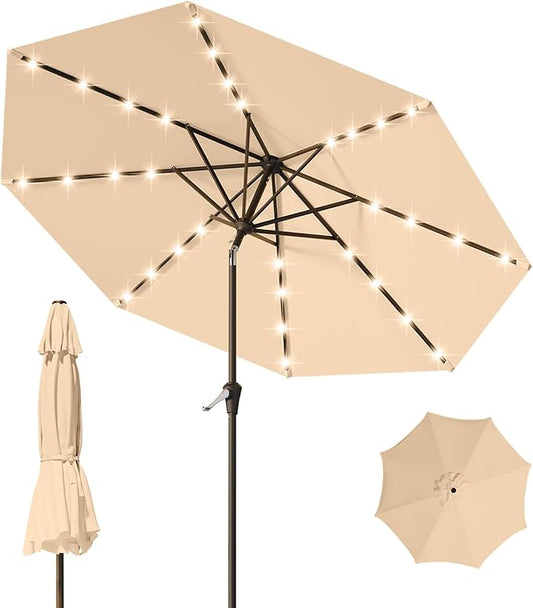 9FT Patio Umbrella with Solar Lights,Outdoor Market Umbrella with Tilt and Crank, LED Lighted Table Umbrella for Garden,Deck,Backyard,Pool,Beach
