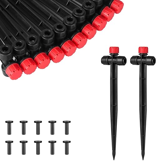 25 Pcs Drip Irrigation Emitters with Stake - Adjustable Drip Emitter Stream for 1/4" Drip Line Irrigation Tubing - Drip Irrigation System Parts Drippers Sprinkler Heads for Garden Watering System -Red