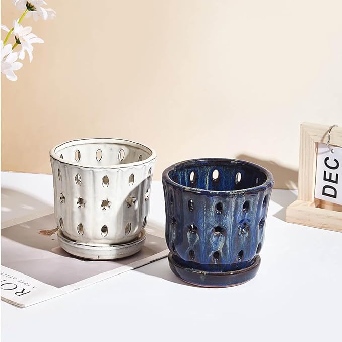 Orchid Pots with Holes Attached Saucers 5 Inches - 2 Pcs Small Ceramic Pots for Repotting, Decorative Ceramic Orchid Planter with Hole for Healthy Root Growth (White and Blue)