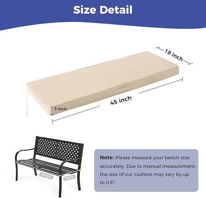 IPYNBAP Outdoor Bench Cushions for Outdoor Furniture, 45x18x3 Inch, Waterproof Bench Pillow, Fade Resistant Long Bench Seat Pads for Garden, Indoor, Porch Swing, Beige