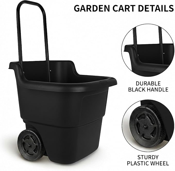 15-Gallon Rolling Garden Cart & Utility Wagon – Lightweight Resin Yard Waste Bin with Telescoping Handle & 7-Inch Wheels – Portable Outdoor Organizer for Lawn, Mulch, Firewood (Black)