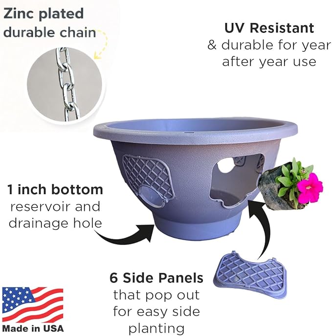 Hanging Planter Basket 10 Pack Bulk, Easy Fill Strawberry Planter, Outdoor Hanging Basket with Side Planting Panels, Durable UV Resistant Planters, Made in USA, 10, Gray