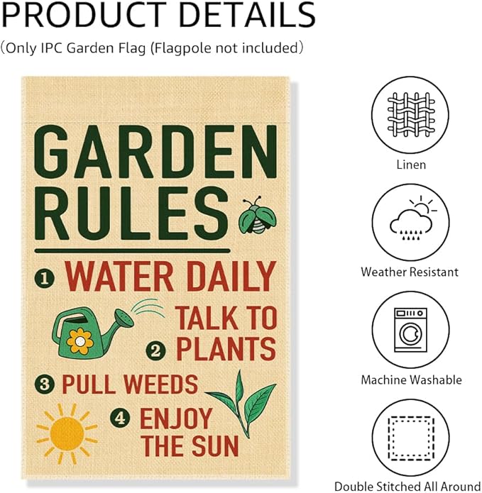 Garden Rules Double Sided Garden Flag, Funny Sping Yard Sign for Outside, Gardening Gifts for Nature Lover, Spring Shed Lawn Porch Farmhouse Patio Outdoor Decor Banner, Planting Lover Gifts