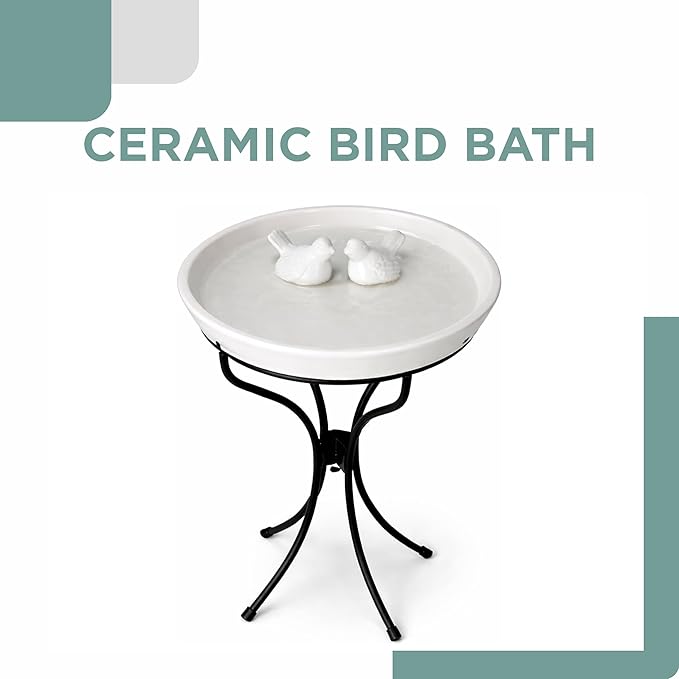 Alpine Corporation VTFAM148A 12" White Ceramic Bird Bath with Decorative Bird Accent & Black Metal Stand – Outdoor Garden Patio Yard Birdbath, 17" Tall Pedestal Base