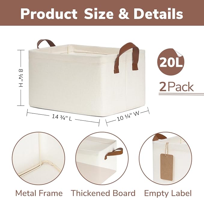 CHICVITA 20L Fabric Storage Bins for Shelves, Metal Frame, 2Pack, Beige | 14 ¾" L x 10 ¼" W x 8 ¼" H Collapsible Storage Baskets for Toys & Books, Bedroom & Living Room Organization, Leather Handles