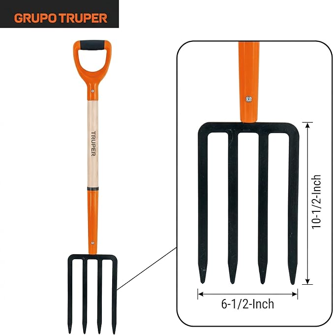 Truper Garden Fork, 4 Tines, 29-Inch Ash Wood Handle with Comfort Grip Y Handle, Forged One-Piece Steel Head (Model BJ-4P / 11018)
