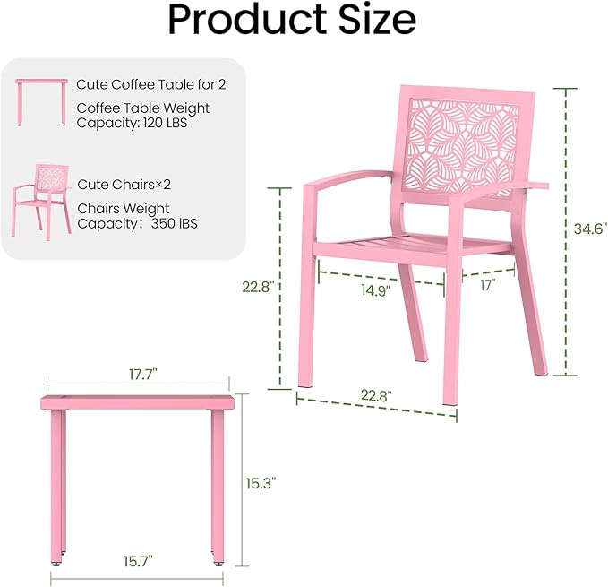 BUPPLEE 3 Piece Patio Bistro Set, Outdoor Steel Furniture Set, Stackable Modern Conversation Sets for Balcony Garden Deck Patio w/2 Chairs 1 Table, Pink