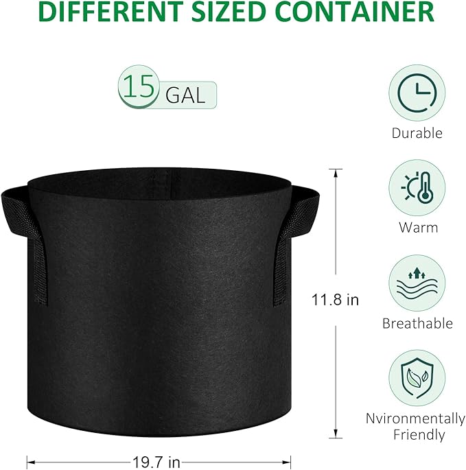 JNYONG 12-Pack 15 Gallon Thickened Non-Woven Grow Bags, Aeration Fabric Pots with Handles（Black）