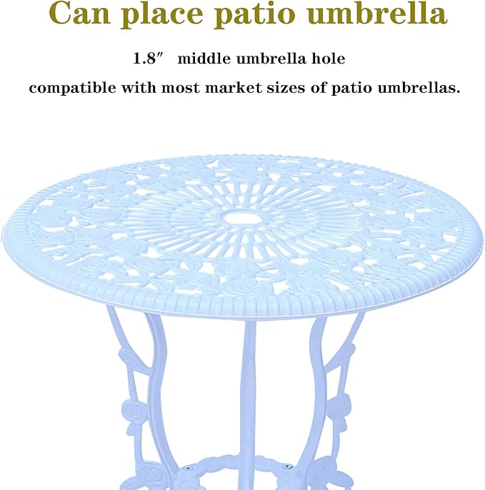 3-Piece Cast Aluminum Outdoor Bistro Set, Outdoor Table and Chairs Set of 2 with Umbrella Hole for Patio Garden Park(White, Rose)
