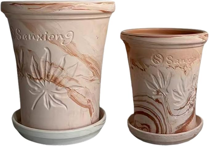 Macchiato Two-Tone Terracotta Plant Pots with Trays, Breathable Unglazed Clay, Medium-Low Temperature Fired, Set of 2/3/4/6/8 for Indoor Outdoor Plants