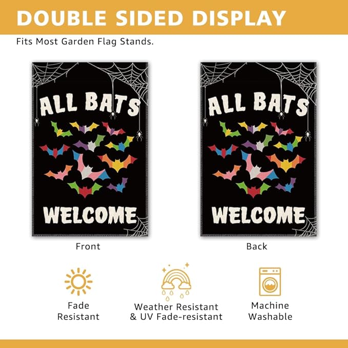 All Bats Welcome Garden Flag - Double Sided Yard Outdoor Farmhouse Lawn Porch Decor, Halloween Bats Decor, Inclusive Equality Diversity Flag, LGBTQ Pride