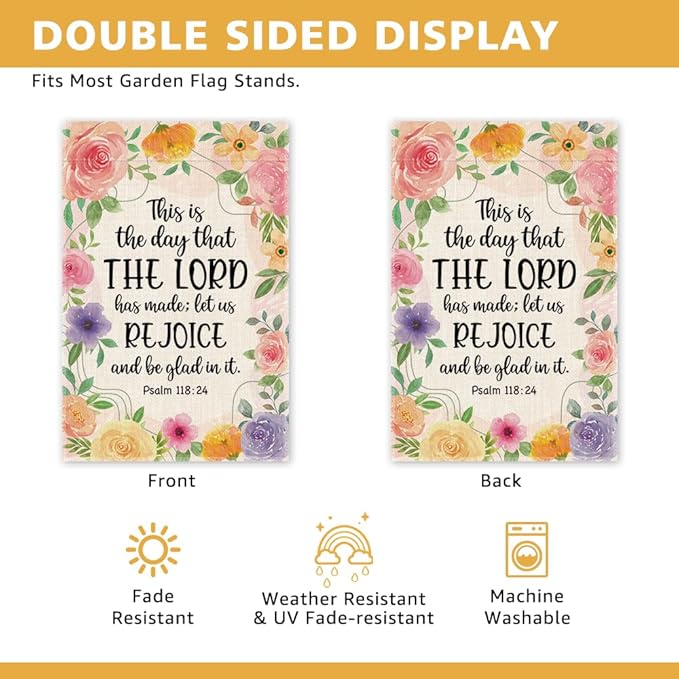 This Is The Day That The Lord Has Made Garden Flag, Funny Spring Christian Garden Flags for Outside, Psalm 118:24 Bible Verse Yard Banner, Religious Catholic Outdoor Lawn Porch Decor for Family